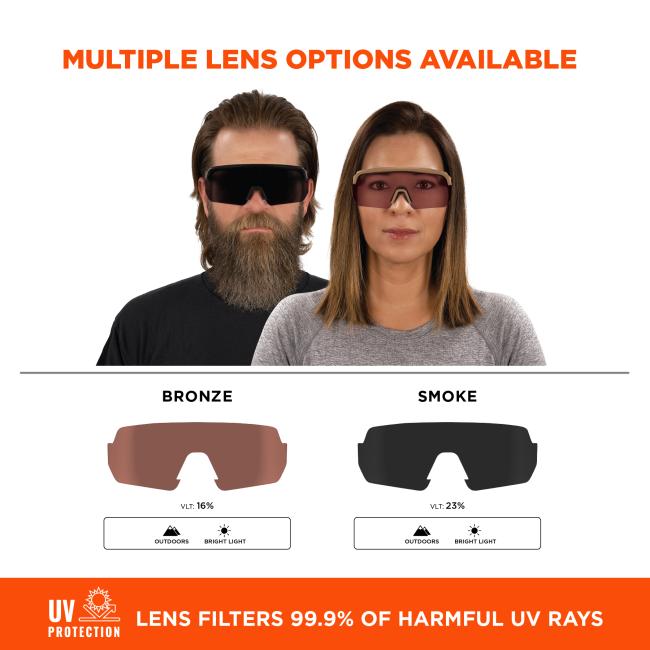 Multiple lens options are available, including bronze with a visible light transmission (VLT) of 16% and smoke with a VLT of 23%. Both are ideal for outdoor use in bright light conditions.