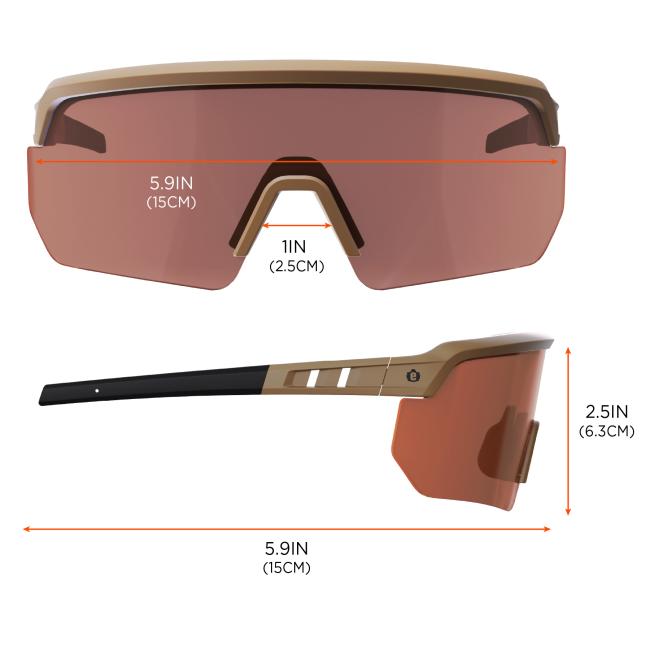 The glasses measure 5.9 inches (15 cm) across the frame and temples, with a bridge width of 1 inch (2.5 cm) and a lens height of 2.5 inches (6.3 cm).