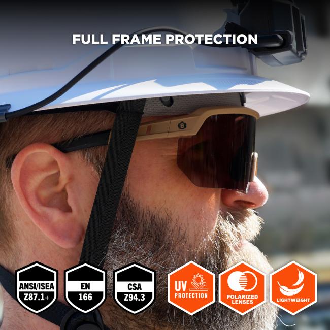 These glasses provide full frame protection and are lightweight. They meet ANSI/ISEA Z87.1+, EN 166, and CSA Z94.3 safety standards, and include polarized lenses for additional eye protection. They also offer UV protection, filtering out 99.9% of harmful UV rays.