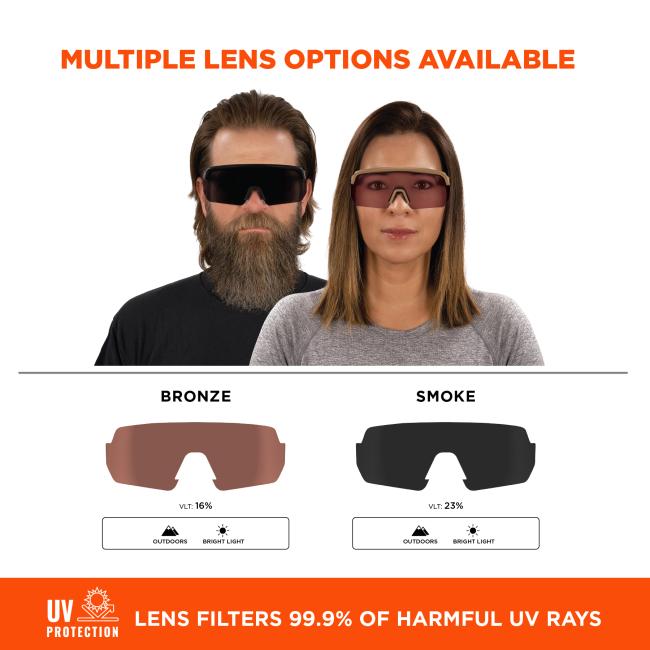 Multiple lens options are available, including bronze with a visible light transmission (VLT) of 16% and smoke with a VLT of 23%. Both are ideal for outdoor use in bright light conditions.