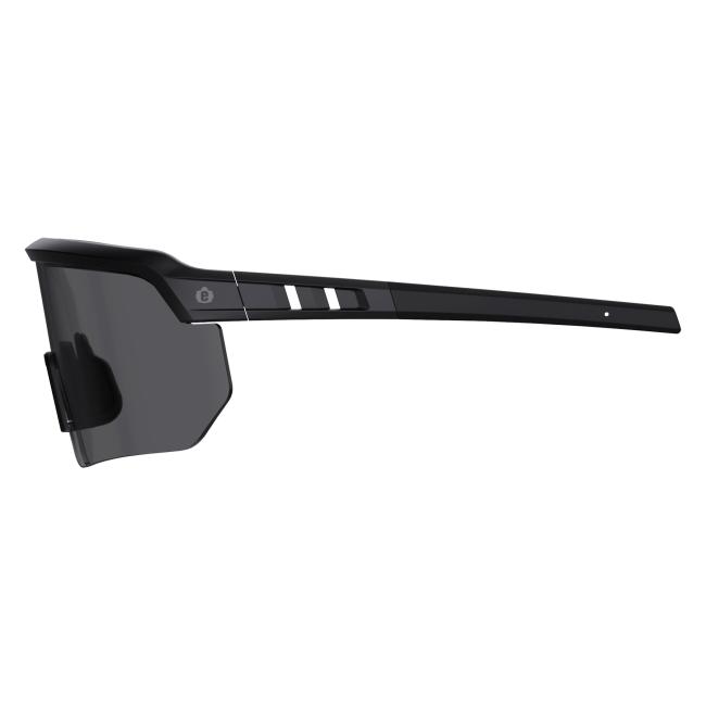 Left profile view of black frame smoke lens high contrast safety glasses
