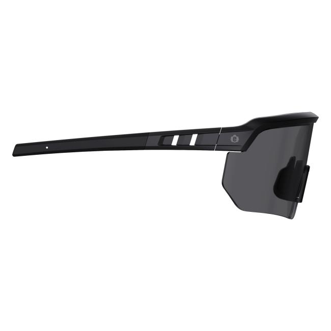 Right profile view of black frame smoke lens high contrast safety glasses