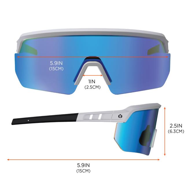 The frame width and temple length are both 5.9 inches (15 cm), the bridge width is 1 inch (2.5 cm), and the lens height is 2.5 inches (6.3 cm).