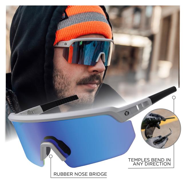 These glasses feature a rubber nose bridge for comfort and temples that bend in any direction for a flexible and secure fit.