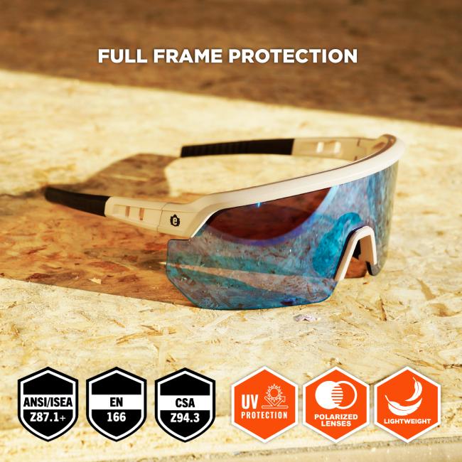 They offer full frame protection and are lightweight. The lenses are polarized and provide UV protection, filtering out 99.9% of harmful UV rays. The glasses meet ANSI/ISEA Z87.1+, EN 166, and CSA Z94.3 safety standards.