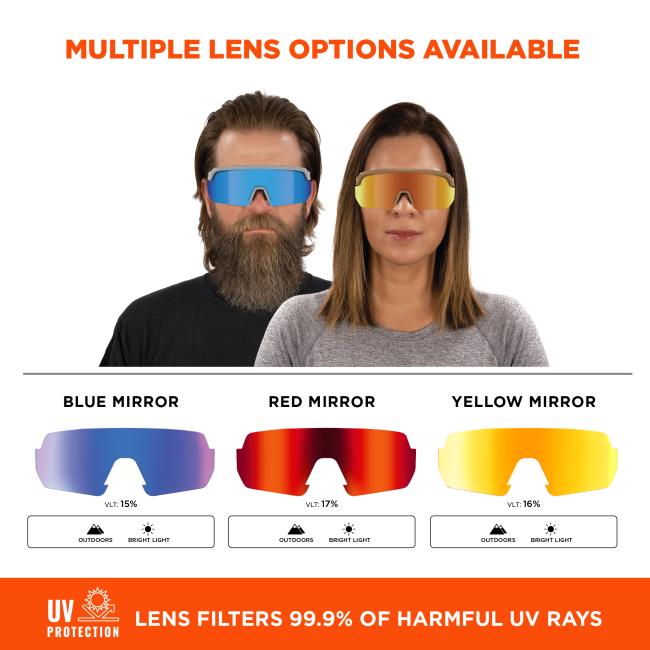 Multiple lens options are available, including blue mirror with 15% visible light transmission (VLT), red mirror with 17% VLT, and yellow mirror with 16% VLT. All are designed for outdoor use in bright light conditions.