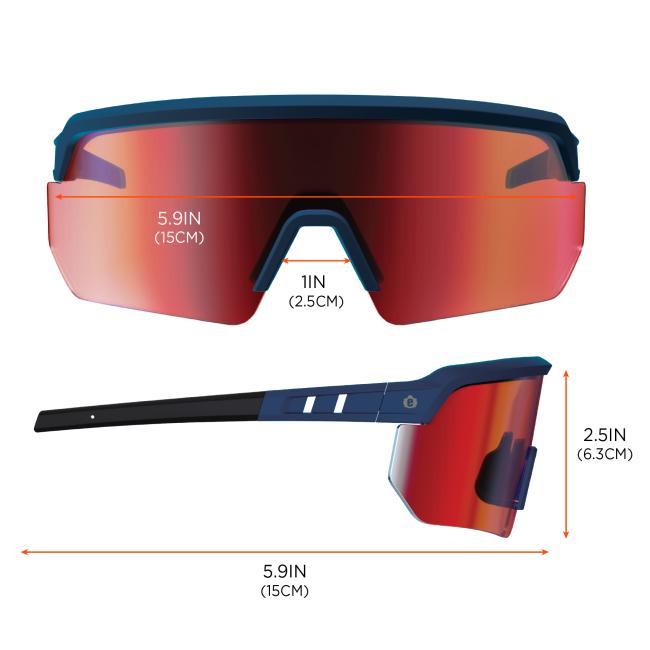 The frame width and temple length are both 5.9 inches (15 cm), the bridge width is 1 inch (2.5 cm), and the lens height is 2.5 inches (6.3 cm).