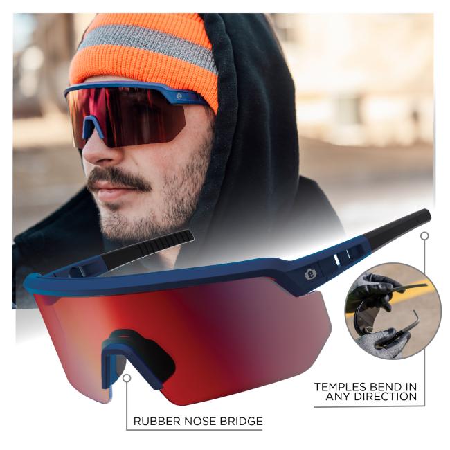 These glasses feature a rubber nose bridge for comfort and temples that bend in any direction for a flexible and secure fit.