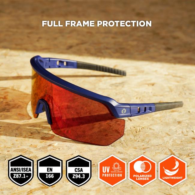 They offer full frame protection and are lightweight. The lenses are polarized and provide UV protection, filtering out 99.9% of harmful UV rays. The glasses meet ANSI/ISEA Z87.1+, EN 166, and CSA Z94.3 safety standards.