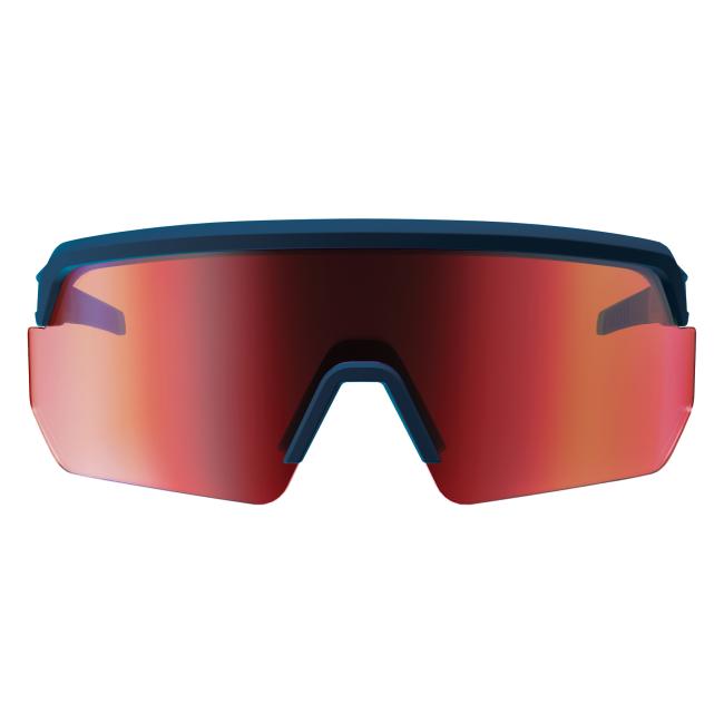Front view of ice blue frame red lens high contrast safety glasses