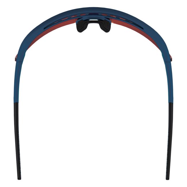 Overhead view of ice blue frame red lens high contrast safety glasses