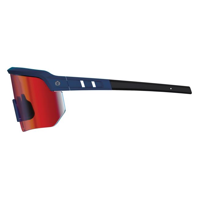 Left profile view of ice blue frame red lens high contrast safety glasses