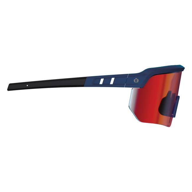Right profile view of ice blue frame red lens high contrast safety glasses