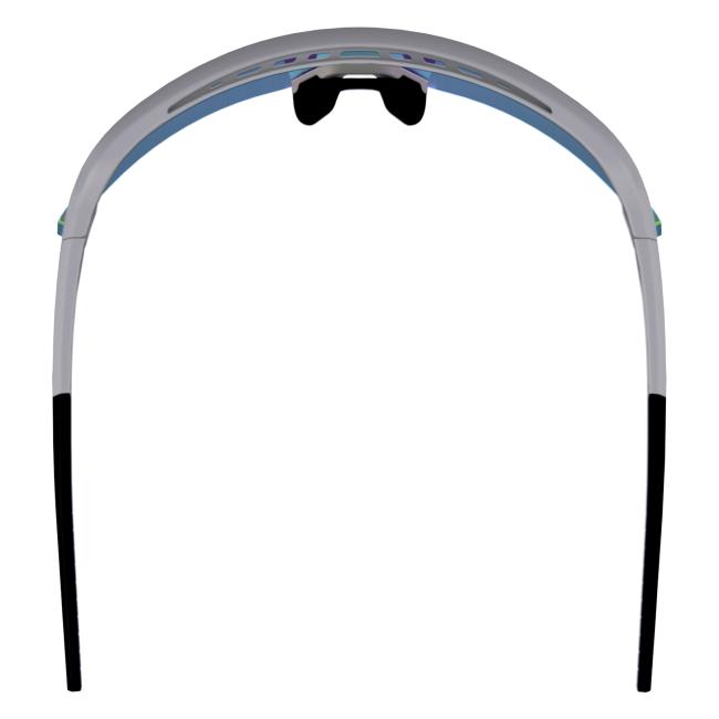 Overhead view of matte gray frame ice blue lens high contrast safety glasses