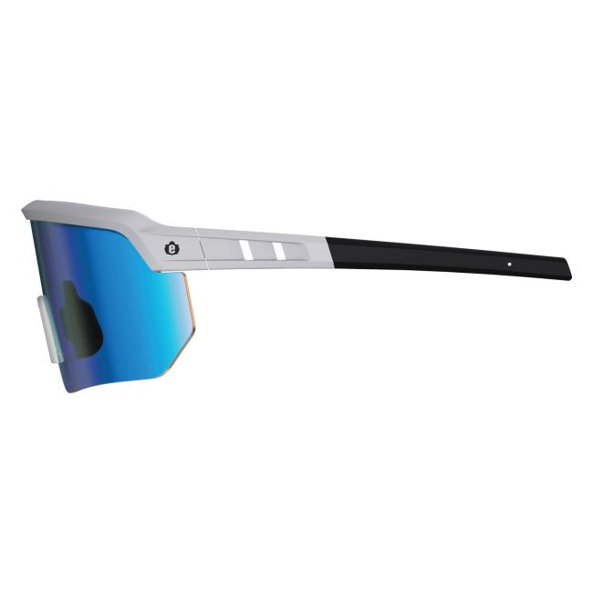 Left profile view of matte gray frame ice blue lens high contrast safety glasses
