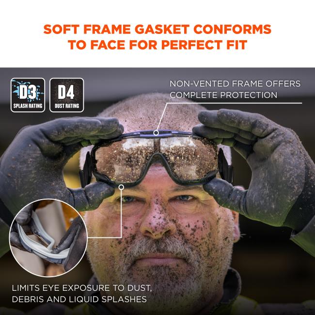 They include a soft frame gasket that conforms to the face for a perfect fit, and the non-vented frame design provides complete protection. These goggles limit eye exposure to dust, debris, and liquid splashes, and carry D3 splash and D4 dust ratings.