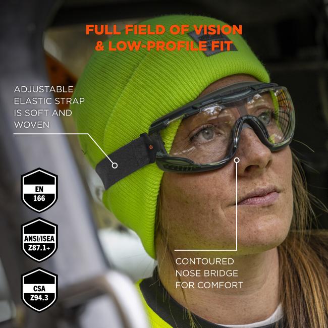 The design provides a full field of vision with a low-profile fit. An adjustable elastic strap, which is soft and woven, ensures secure and comfortable wear. The contoured nose bridge adds to the comfort. The goggles meet safety standards EN 166, ANSI/ISEA Z87.1+, and CSA Z94.3.