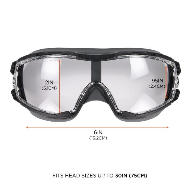 The goggles measure 2IN (5.1CM) in height on the left lens and 0.95IN (2.4CM) on the right lens, with a total width of 6IN (15.2CM). They are designed to fit head sizes up to 30IN (75CM).