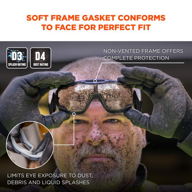 They feature a soft frame gasket that conforms to the face, ensuring a perfect fit. The non-vented frame offers complete protection by limiting exposure to dust, debris, and liquid splashes. The goggles meet D3 splash and D4 dust protection ratings.