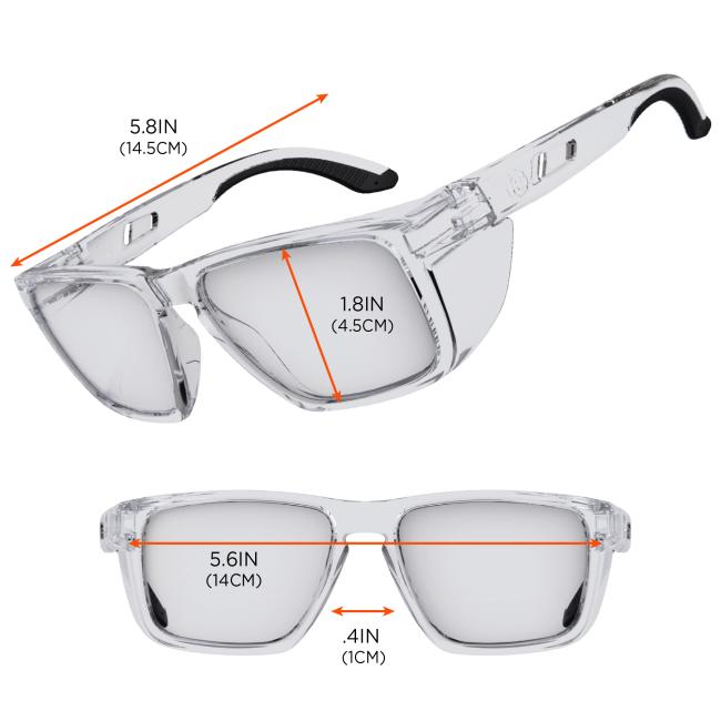 The safety glasses feature temples that measure 5.8 inches (14.5 cm) in length. The lens height is 1.8 inches (4.5 cm), the frame width is 5.6 inches (14 cm), and the bridge (distance between lenses) is 0.4 inches (1 cm).