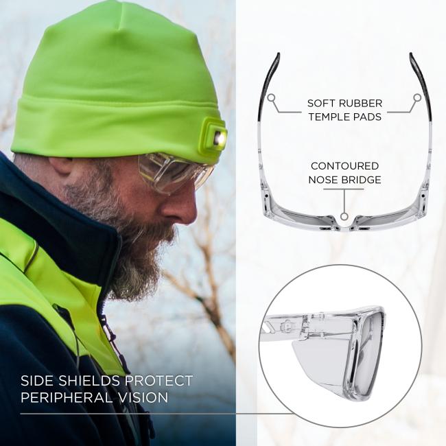 The glasses include soft rubber temple pads and a contoured nose bridge for comfort. Side shields are designed to protect peripheral vision.