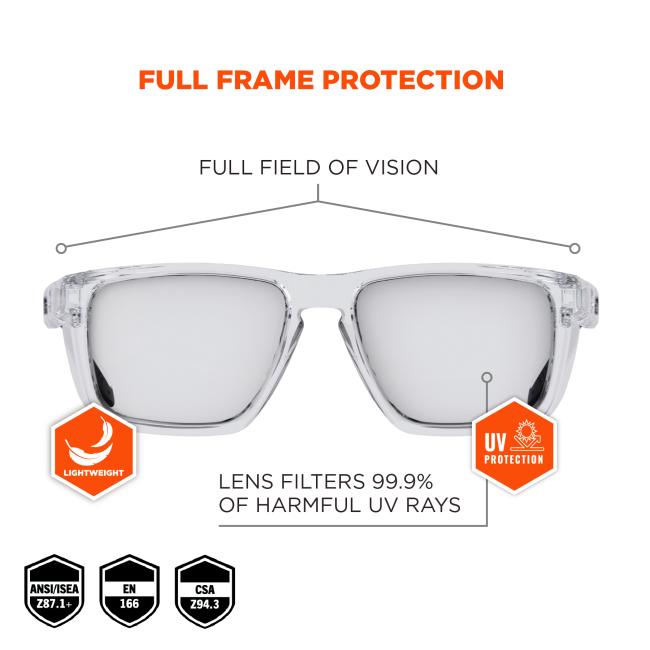 They provide full frame protection and a full field of vision. The lens filters 99.9% of harmful UV rays. The glasses are lightweight and meet ANSI/ISEA Z87.1+, EN 166, and CSA Z94.3 safety standards.