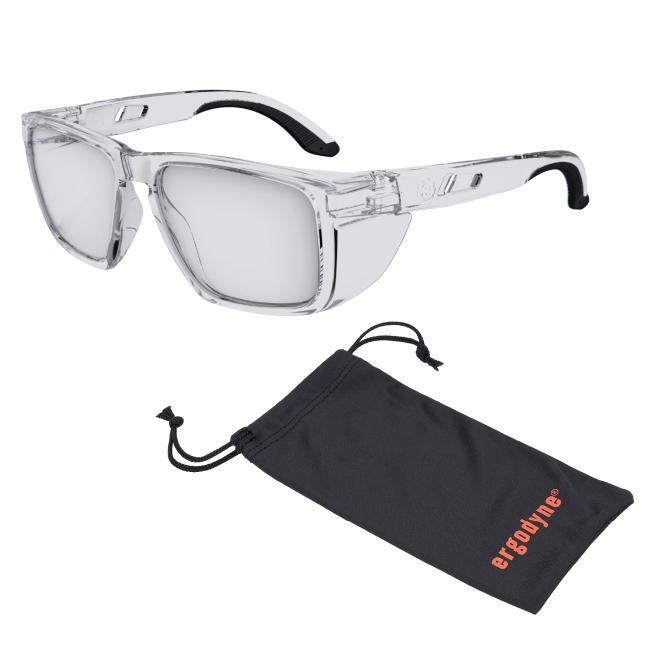 Clear pair of safety glasses with side shields and microfiber cleaning bag