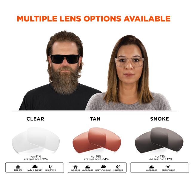 Multiple lens options are available, including clear with 91% VLT (visible light transmission) and 91% side shield VLT, tan with 51% VLT and 64% side shield VLT, and smoke with 13% VLT and 17% side shield VLT. The clear lenses are suited for indoor, hazy/cloudy, or nighttime use; the tan lenses work for both indoor and outdoor use in hazy/cloudy or nighttime conditions; and the smoke lenses are best for outdoor use in bright light.