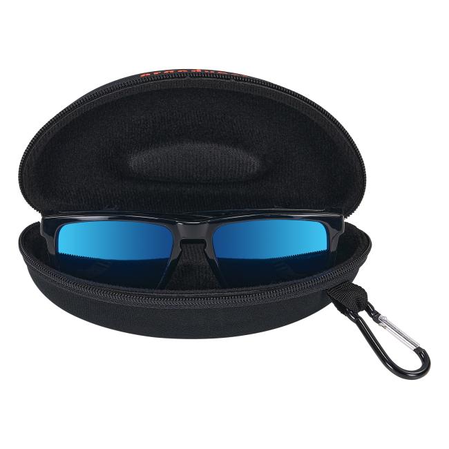 Blue mirror lens safety glasses with side shields in a protective hard case