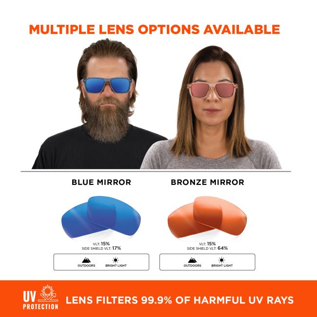 Multiple lens options are available, including blue mirror and bronze mirror. Both lens types have a visible light transmission (VLT) of 15%. The side shield VLT for the blue mirror is 17%, while for the bronze mirror it is 64%. These lenses are best suited for outdoor use in bright light conditions.