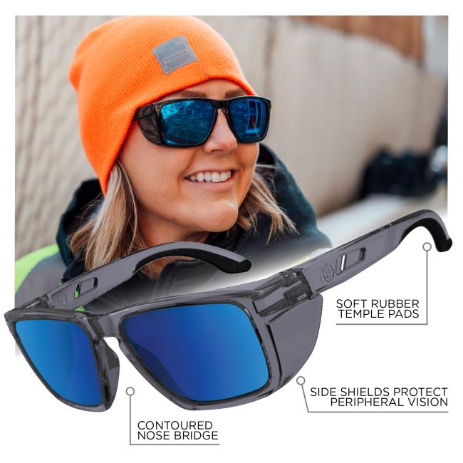 These glasses feature soft rubber temple pads for added comfort, a contoured nose bridge, and integrated side shields to protect peripheral vision.
