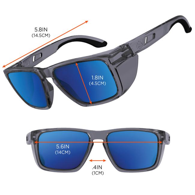 The safety glasses have temples measuring 5.8 inches (14.5 cm), lens height of 1.8 inches (4.5 cm), a frame width of 5.6 inches (14 cm), and a bridge width of 0.4 inches (1 cm).