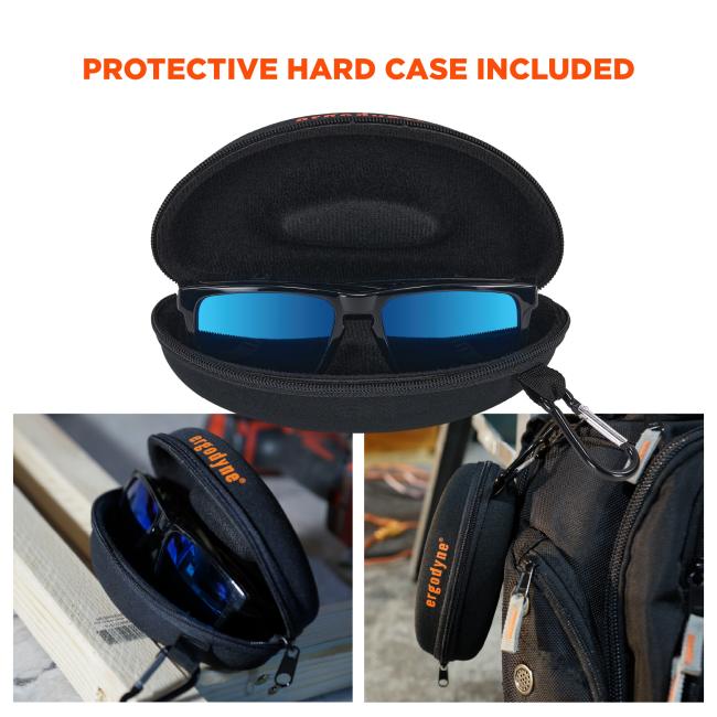 A protective hard case is included with the safety glasses. The case is durable, zippered, and features a clip for convenient attachment to gear or bags, keeping the glasses safe during transport or storage.