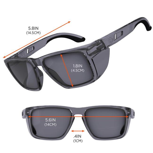 The smoke lens safety glasses have temples that measure 5.8 inches (14.5 cm), a lens height of 1.8 inches (4.5 cm), a frame width of 5.6 inches (14 cm), and a bridge width of 0.4 inches (1 cm).