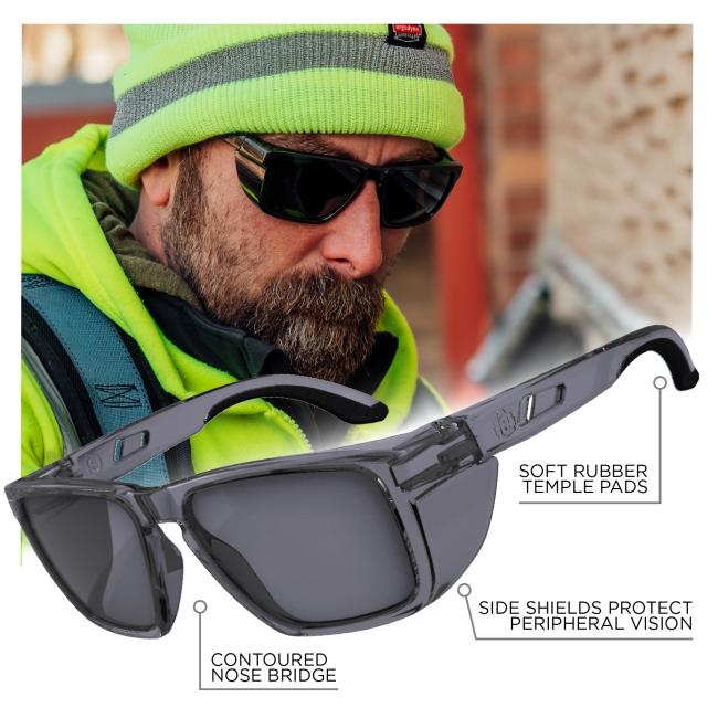 They feature soft rubber temple pads for comfort, a contoured nose bridge, and side shields designed to protect peripheral vision.