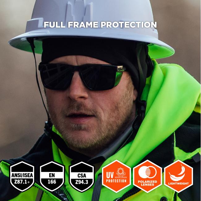 The design includes full frame protection and is lightweight. The glasses meet safety standards including ANSI/ISEA Z87.1+, EN 166, and CSA Z94.3, and they are equipped with polarized lenses for added clarity and comfort.