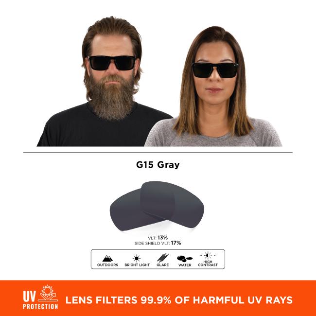 The G15 Gray lens option has a visible light transmission (VLT) of 13% and a side shield VLT of 17%. These lenses are ideal for outdoor use in bright light, glare, water environments, and high contrast situations. The lenses also filter out 99.9% of harmful UV rays.