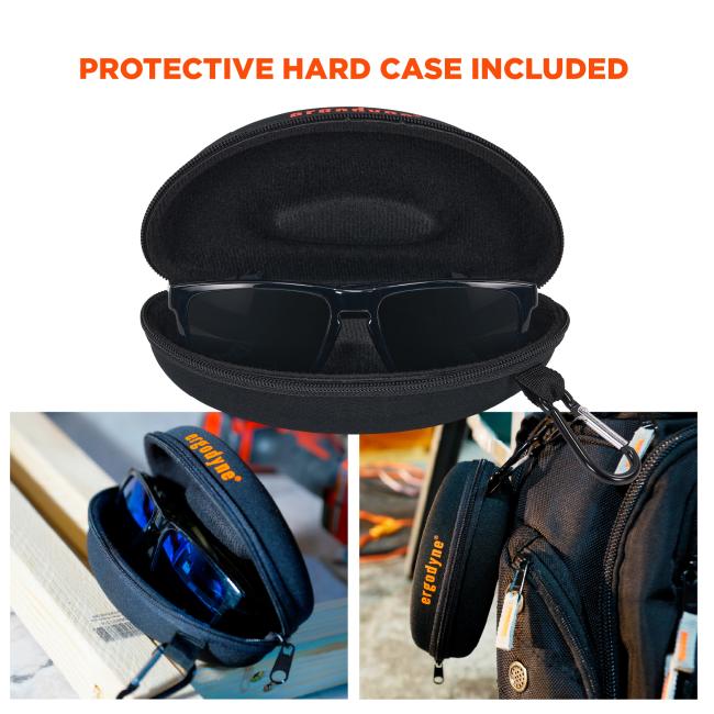 Each pair of glasses comes with a protective hard case. The case features a zipper and a clip for easy attachment to backpacks or gear, helping to keep the glasses safe when not in use.