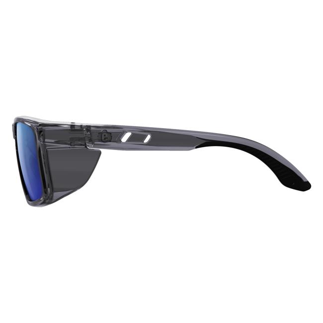 Left profile view of smoke blue mirror lens sixten safety glasses