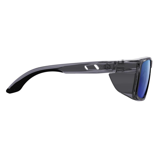Right profile view of smoke blue mirror lens sixten safety glasses