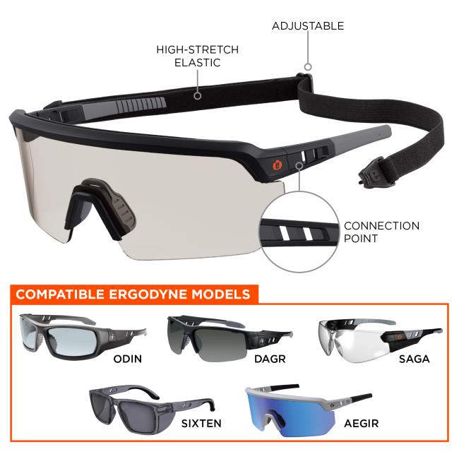 High elastic stretch, adjustable, connection point on safety glasses. Compatible Ergodyne models are ODIN, DAGR, SAGA, SIXTEN and AEGIR.
