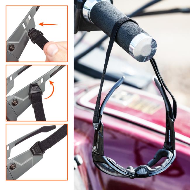 Attach strap to slot in safety glasses