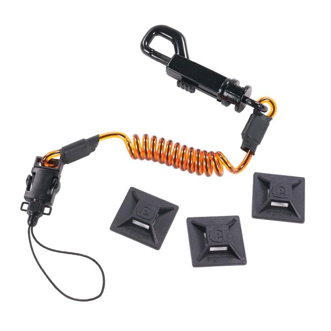 Small coil lanyard with swivel hook and detachable loop featuring 3 mini adhesive mounts