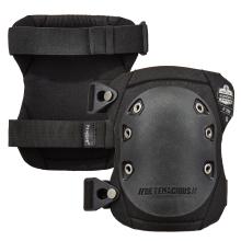 A pair of black knee pads featuring a hard rubber cap, wide elastic straps, adjustable buckles, and branding that reads “BE TENACIOUS” and “ProFlex by Ergodyne.”