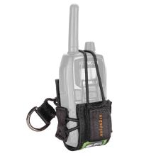 Three quarter view of radio holster trap attached to walkie talkie.