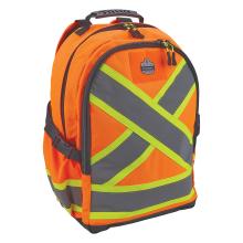 Bright orange backpack with gray reflective panels and lime-yellow reflective X striping, black zippers and top handle