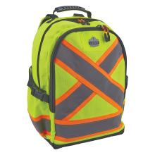 Close-up of neon yellow-green backpack front with gray reflective chevrons, orange X straps, black zippers and top handle, small logo patch