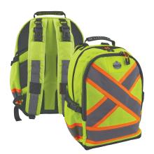Lime green high-visibility backpack with orange reflective X, gray reflective panels, padded straps and top handles.