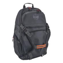 Close-up of dark gray backpack showing top handle, zippered pocket, straps and buckles, red zipper pulls and orange reflective strap