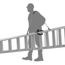 Silhouette person carrying an A-Frame ladder with a shoulder lifting strap and carrying handle